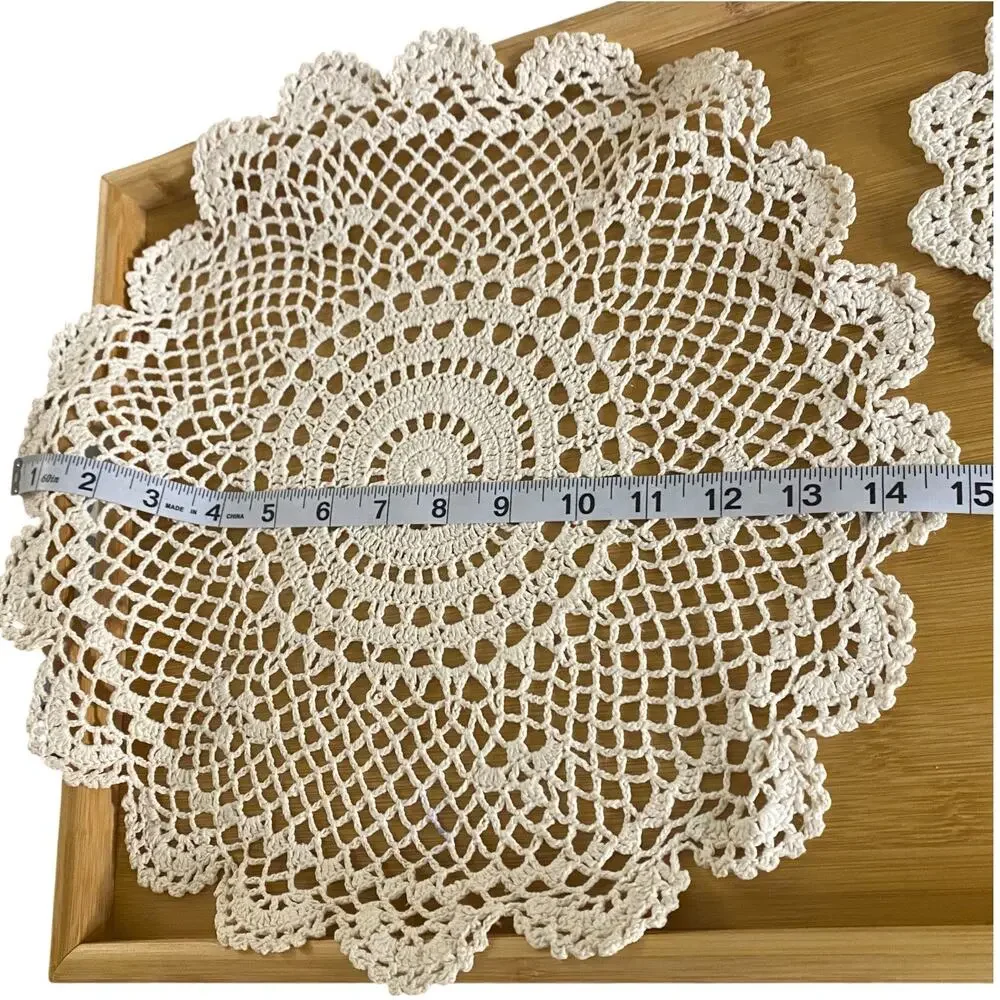Vintage Handmade Crochet Doilies Set of 2 Ecru Cotton Round Lace Table